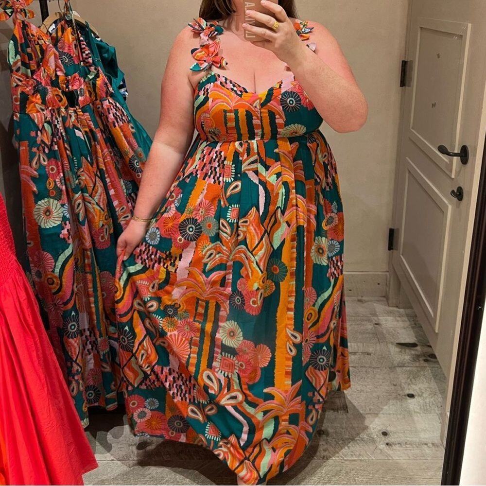 FARM RIO Anthropologie Pleated Palm Midi Pockets Dress, Size 2X Brand New SOO - Picture 6 of 16